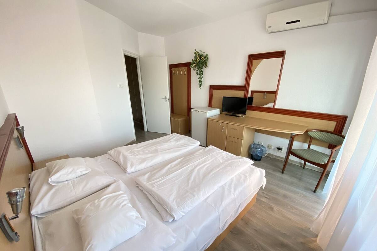 Una habitación de hotel con cama, escritorio, silla, televisor y planta.