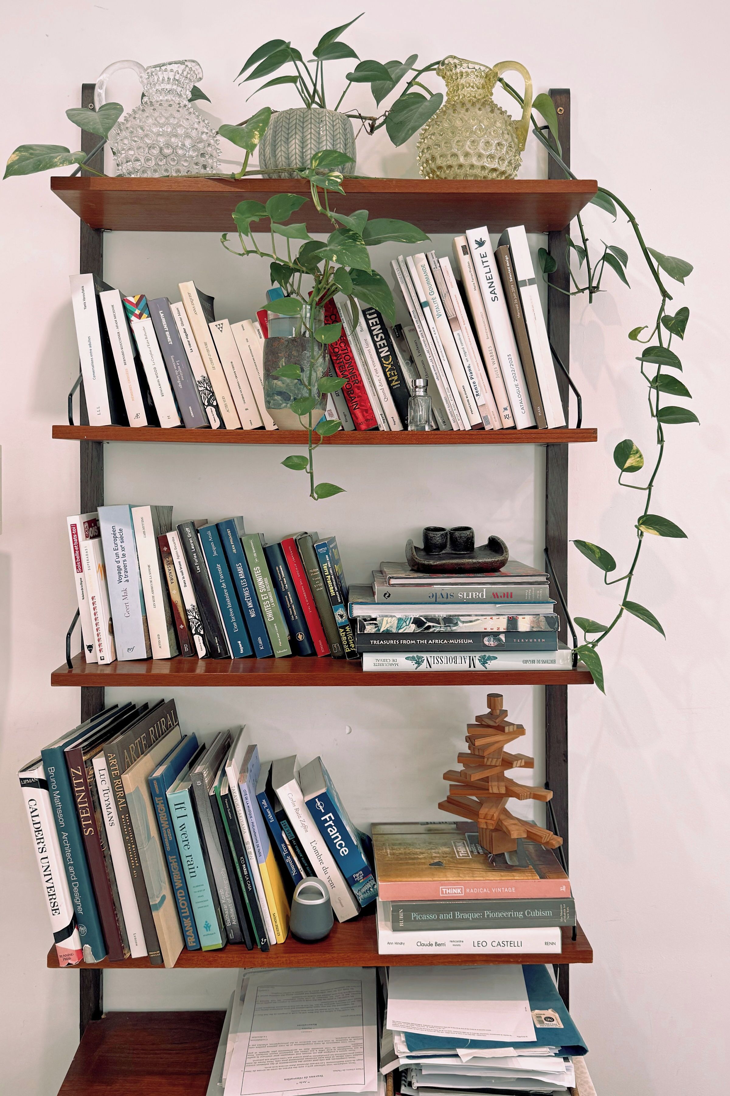 A bookshelf with books, decorative items, and a plant.