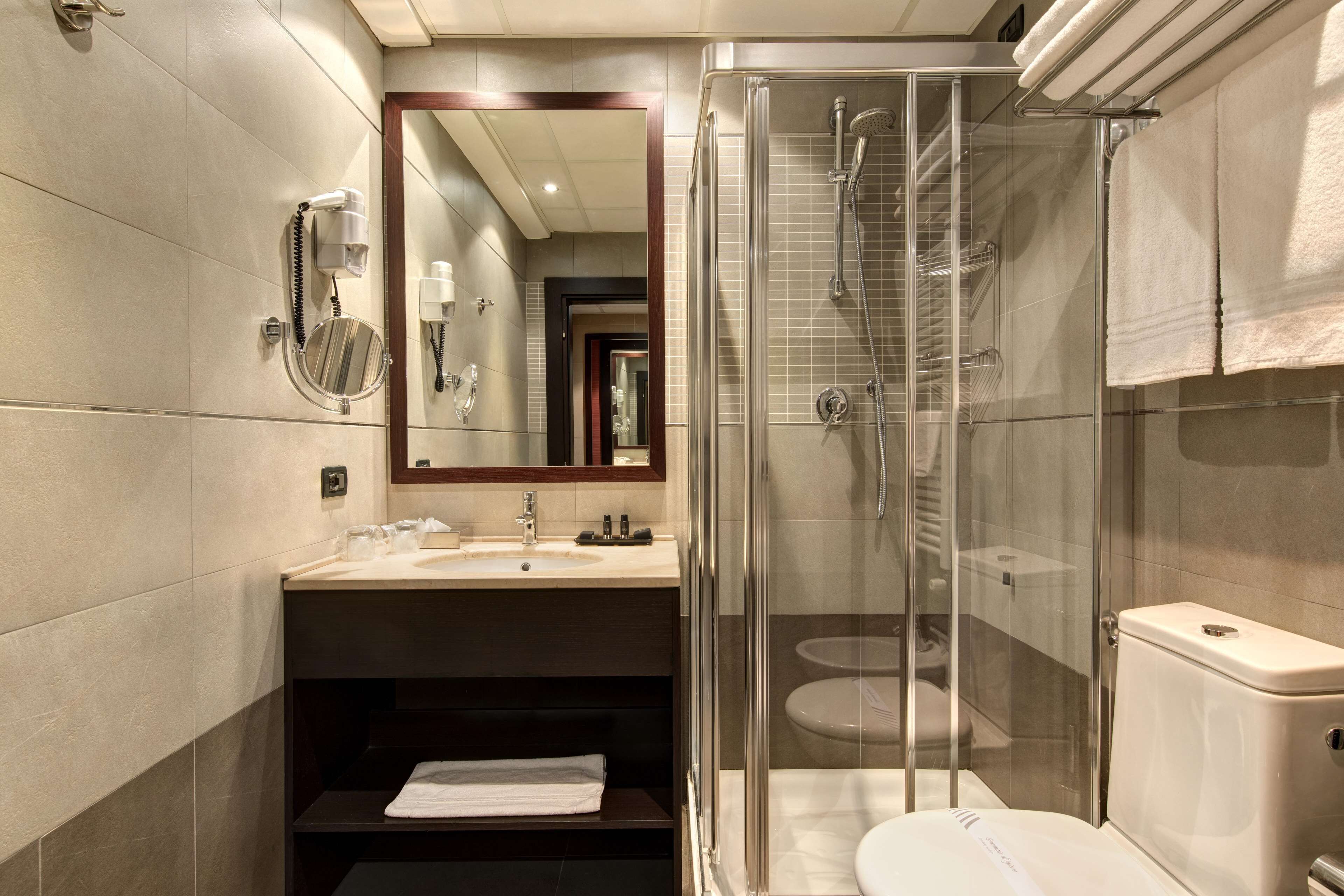 combined shower/bathtub, free toiletries, hair dryer, bidet