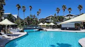 Indoor pool, pool umbrellas, pool loungers