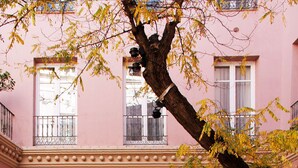 Un bâtiment rose doté d’une cour intérieure aménagée avec des meubles en osier, une fontaine et une statue.
