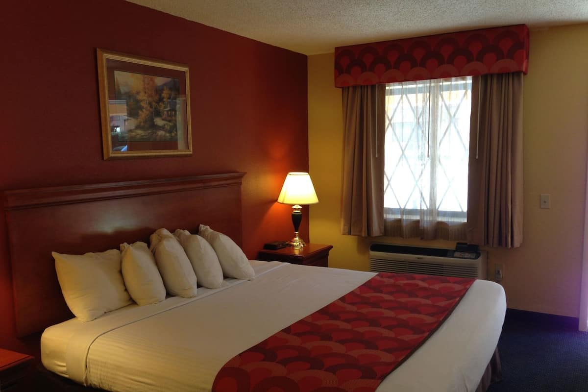 A hotel room with a large bed, a nightstand with a lamp, a window with curtains, and a painting on the wall.
