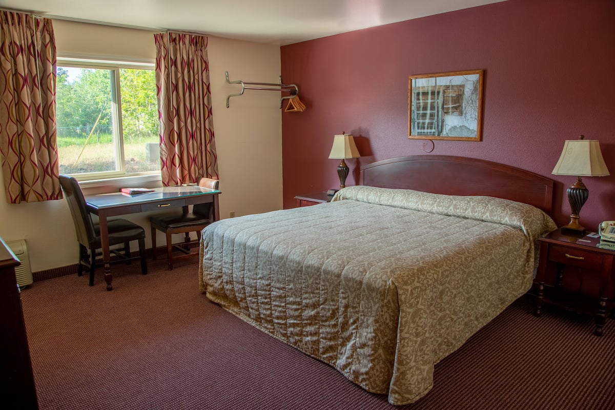 Une chambre d’hôtel avec un grand lit, un bureau, deux lampes, une fenêtre avec des rideaux et un tableau au mur.