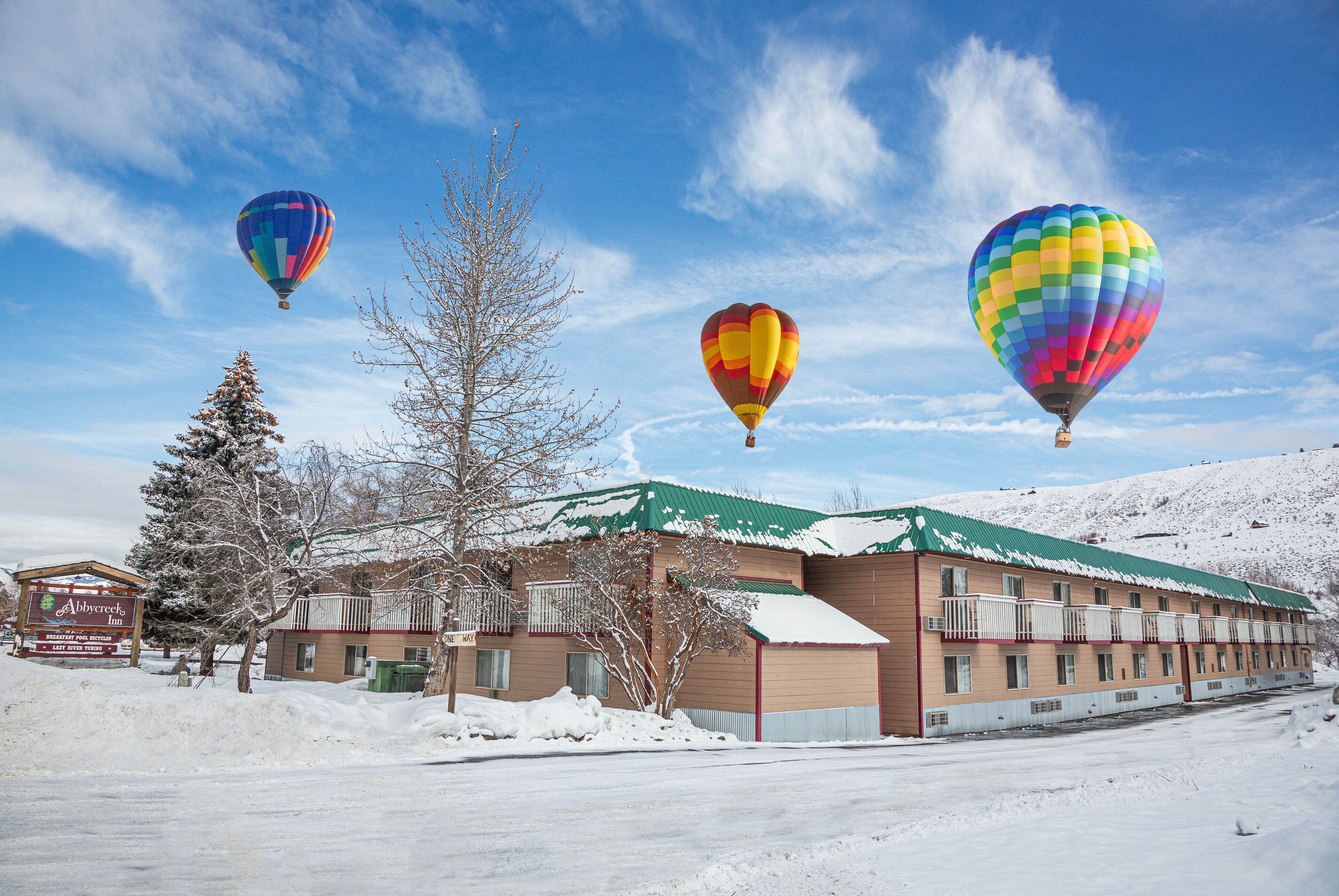 A hotel with a green roof, a signboard, and a snow-covered landscape.