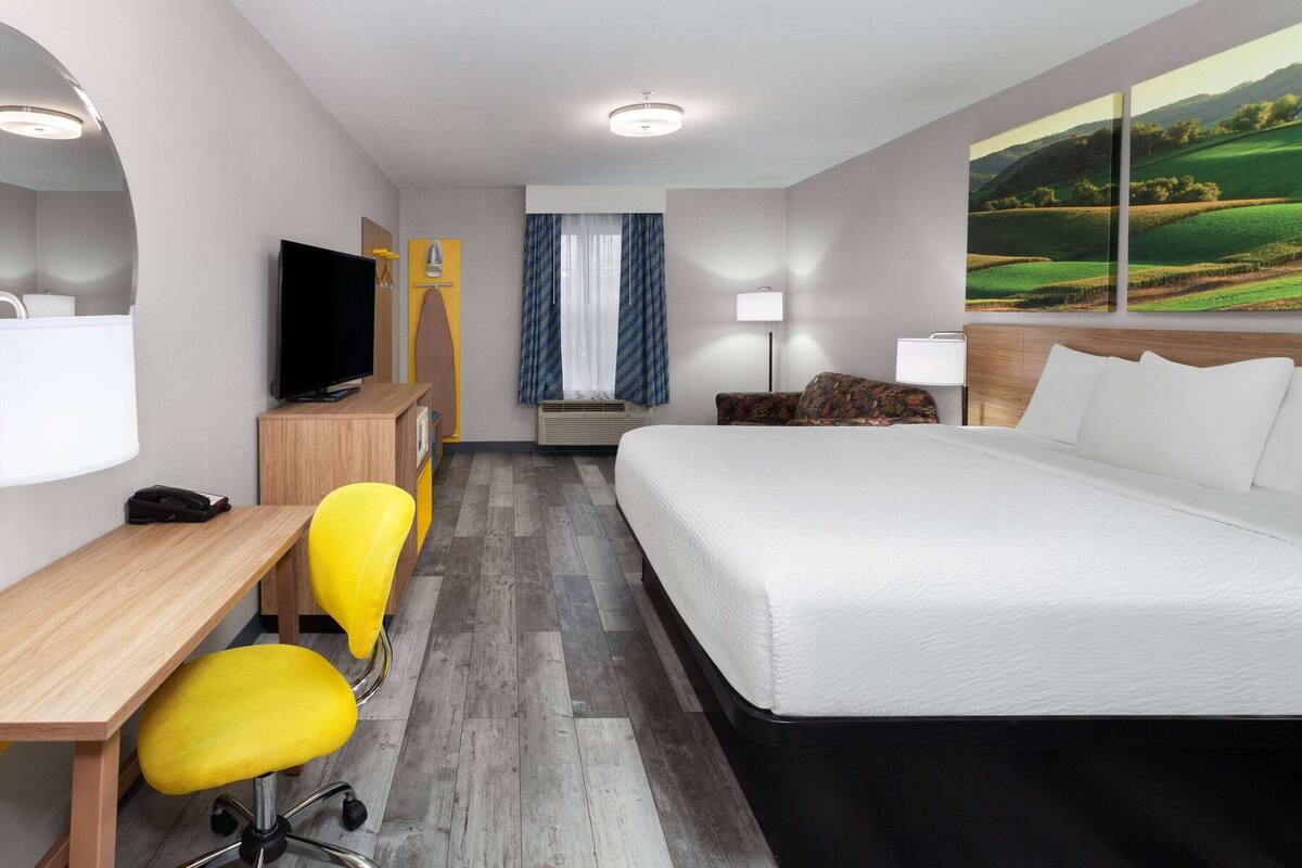 A hotel room with a bed, a desk with a chair, a television, a desk lamp, and a painting of a landscape.