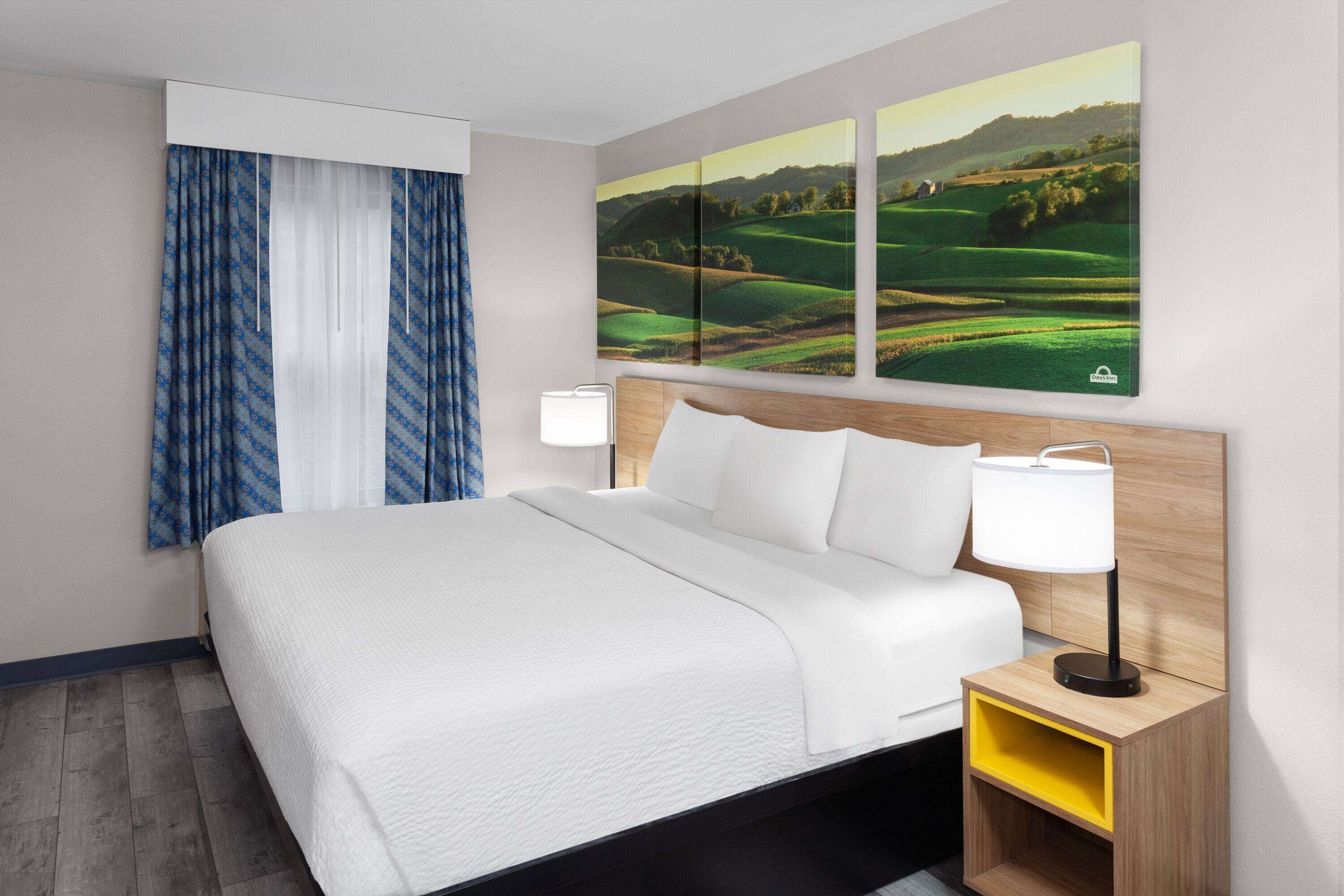 Habitación de hotel con una cama grande, una mesita de noche con lámpara, un estante amarillo pequeño y un cuadro de un paisaje pintoresco sobre la cama.