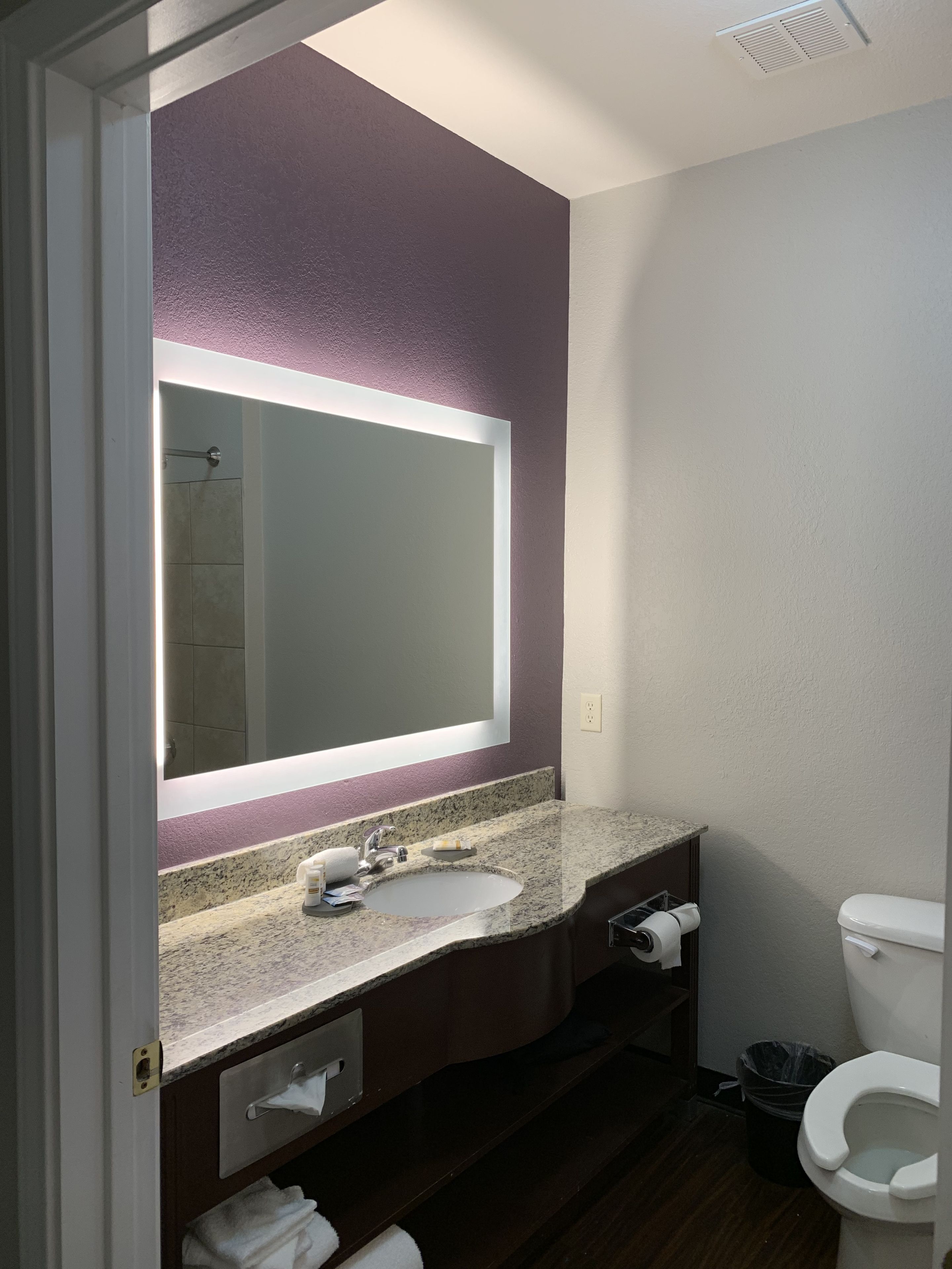 Une salle de bain avec un grand miroir, un lavabo, des toilettes et une poubelle.