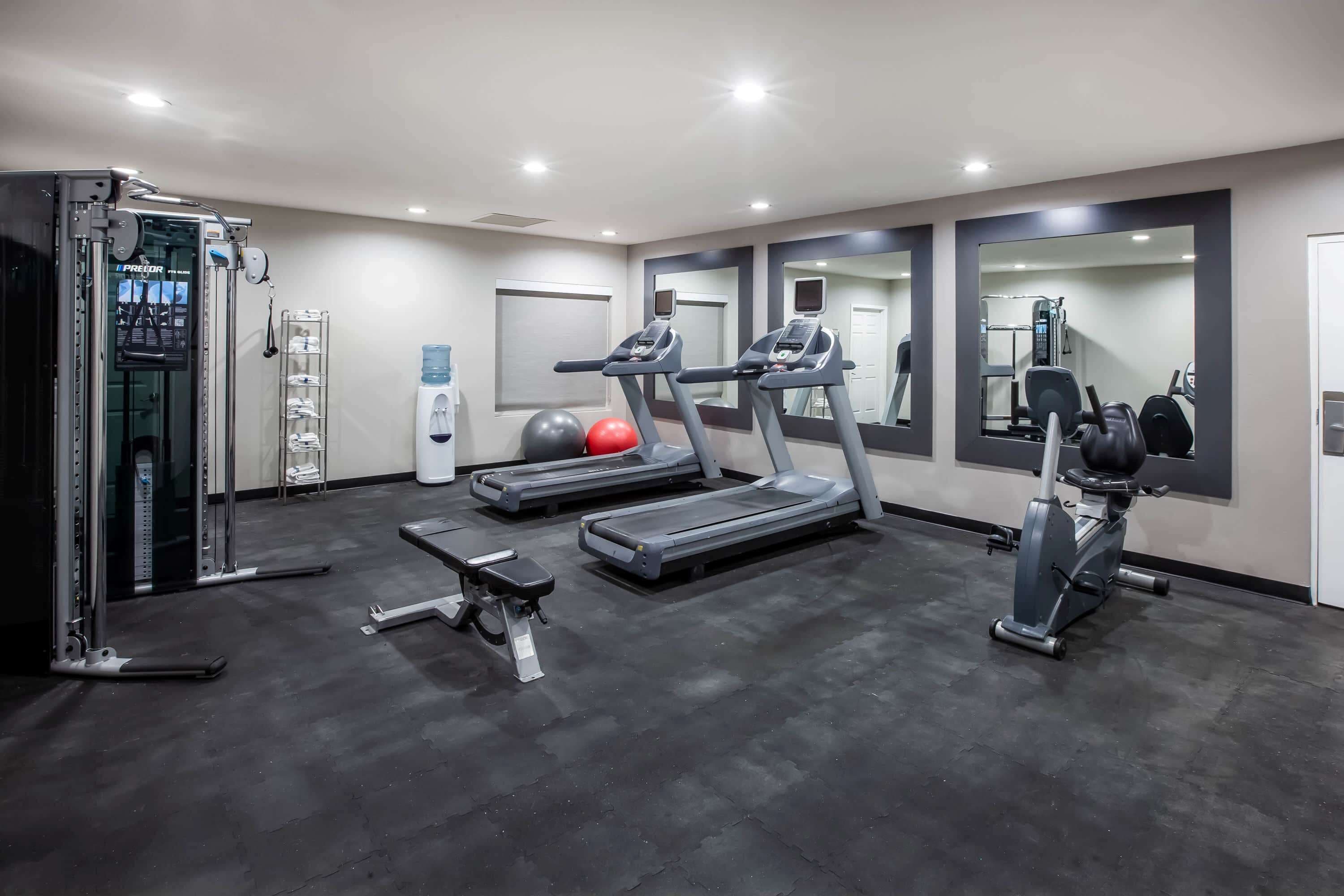 A gym with treadmills, a weight machine, and exercise balls.