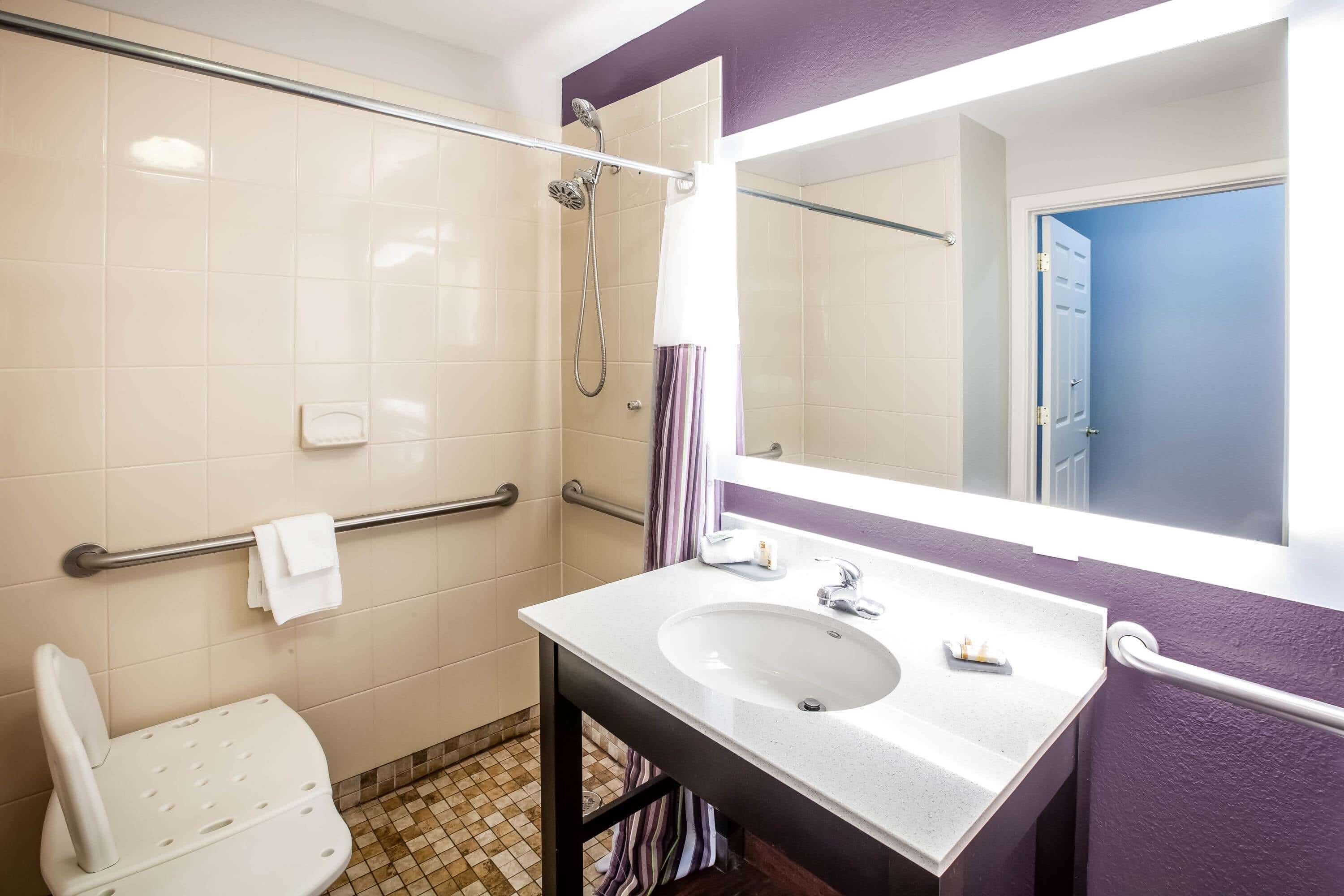 Een badkamer met een wit wastafel, een spiegel, een douche en een toilet.