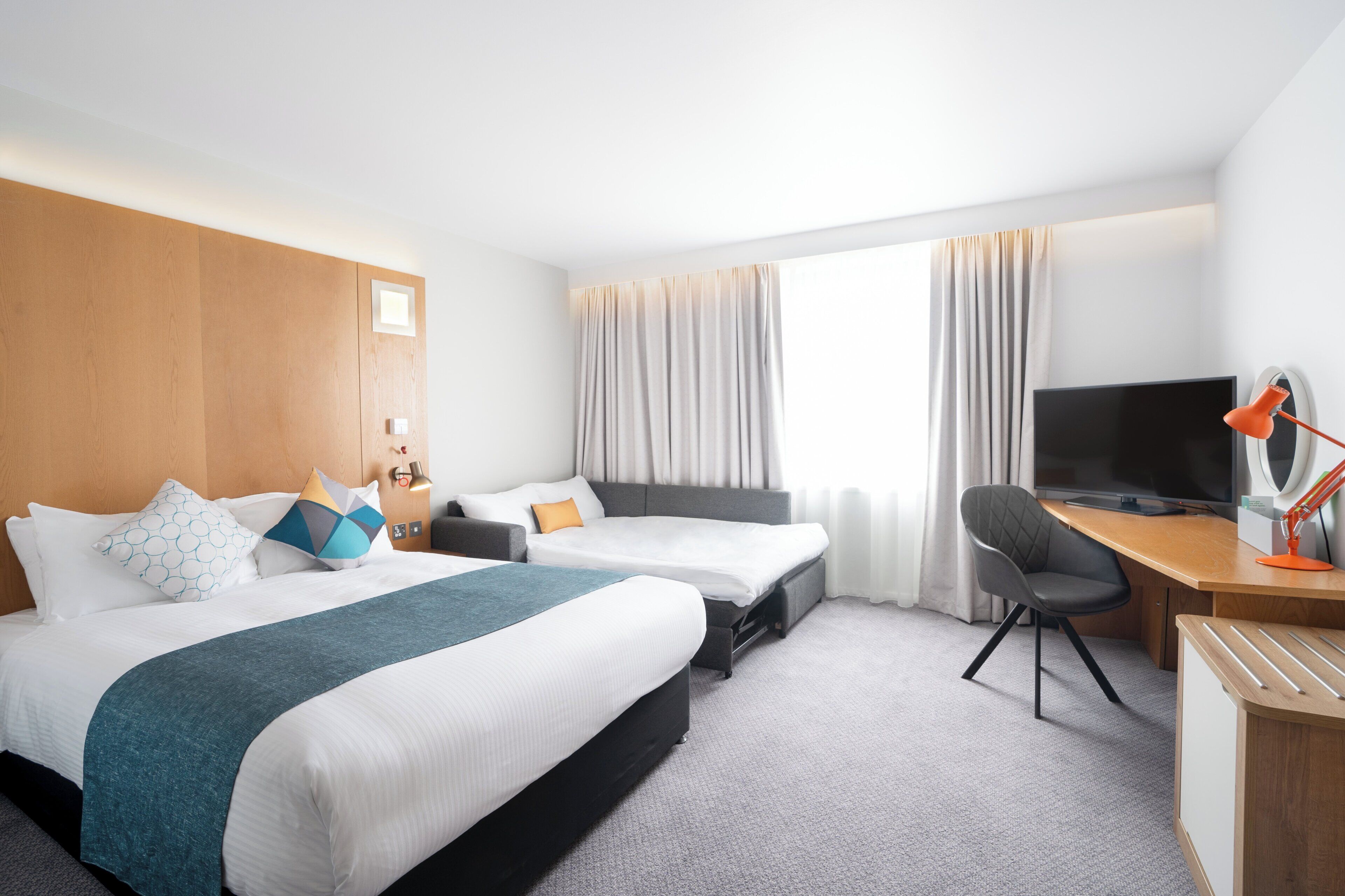 In-room safe, desk, laptop workspace, blackout curtains