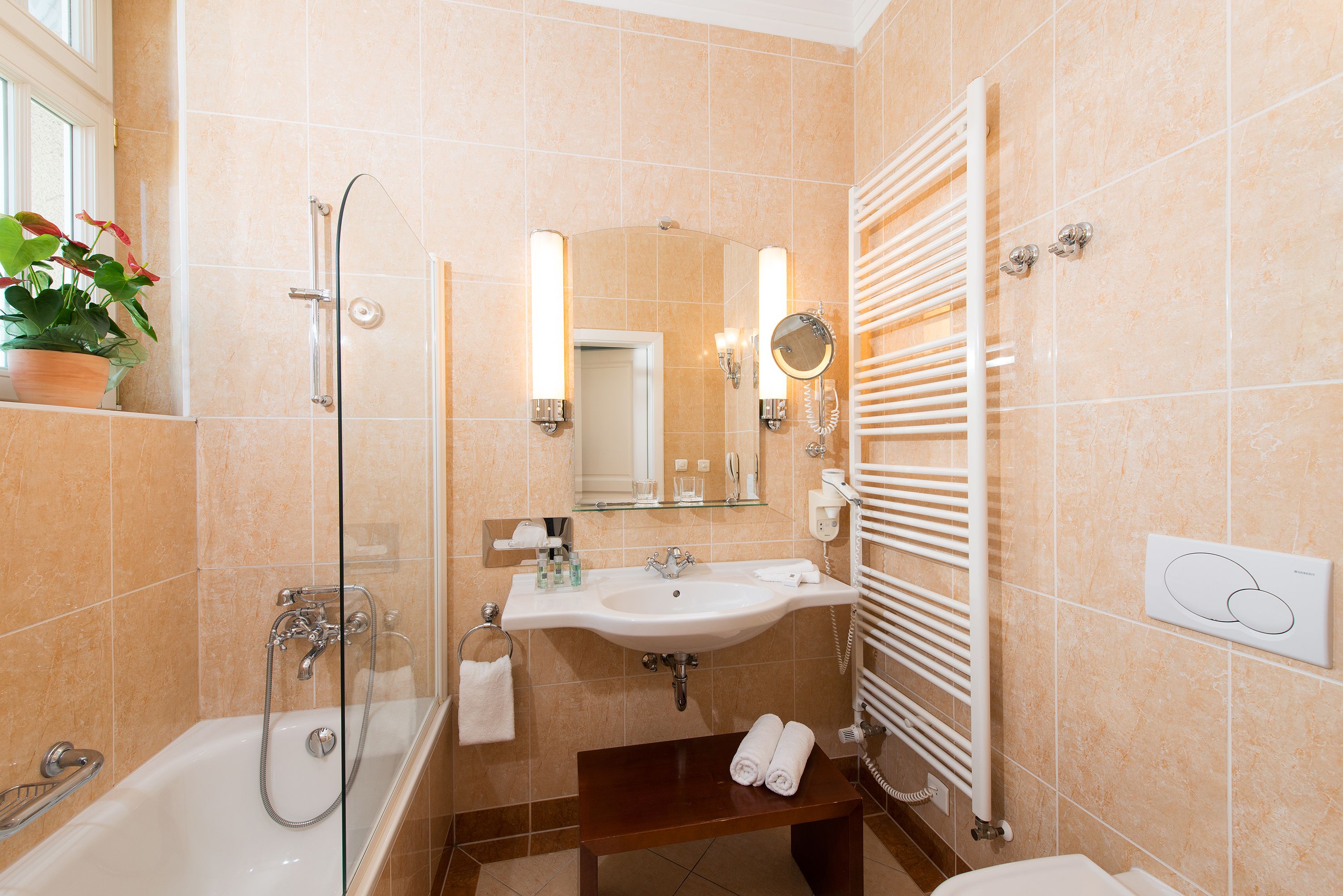 combined shower/bathtub, free toiletries, hair dryer, bathrobes