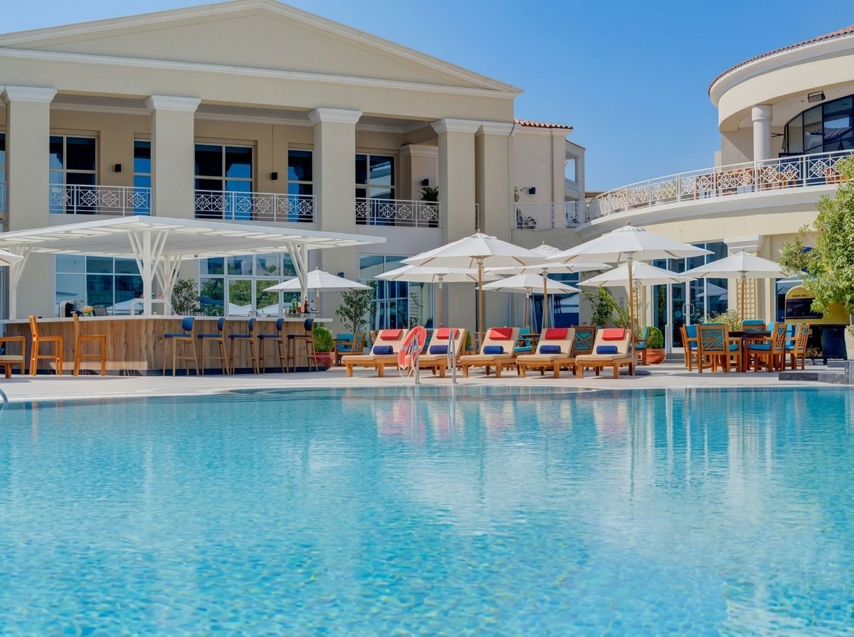 Ein Poolbereich mit Liegestühlen, Sonnenschirmen, einer Bar und einem Gebäude mit Balkonen.