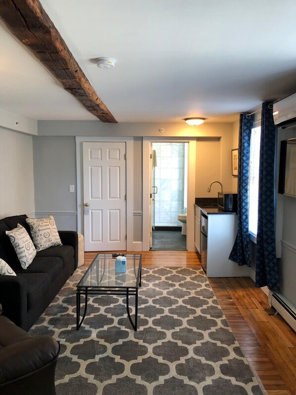 Un espace de vie compact comprenant un canapé, une table basse en verre, un tapis à motifs, une kitchenette et une porte donnant accès à une salle de bain.