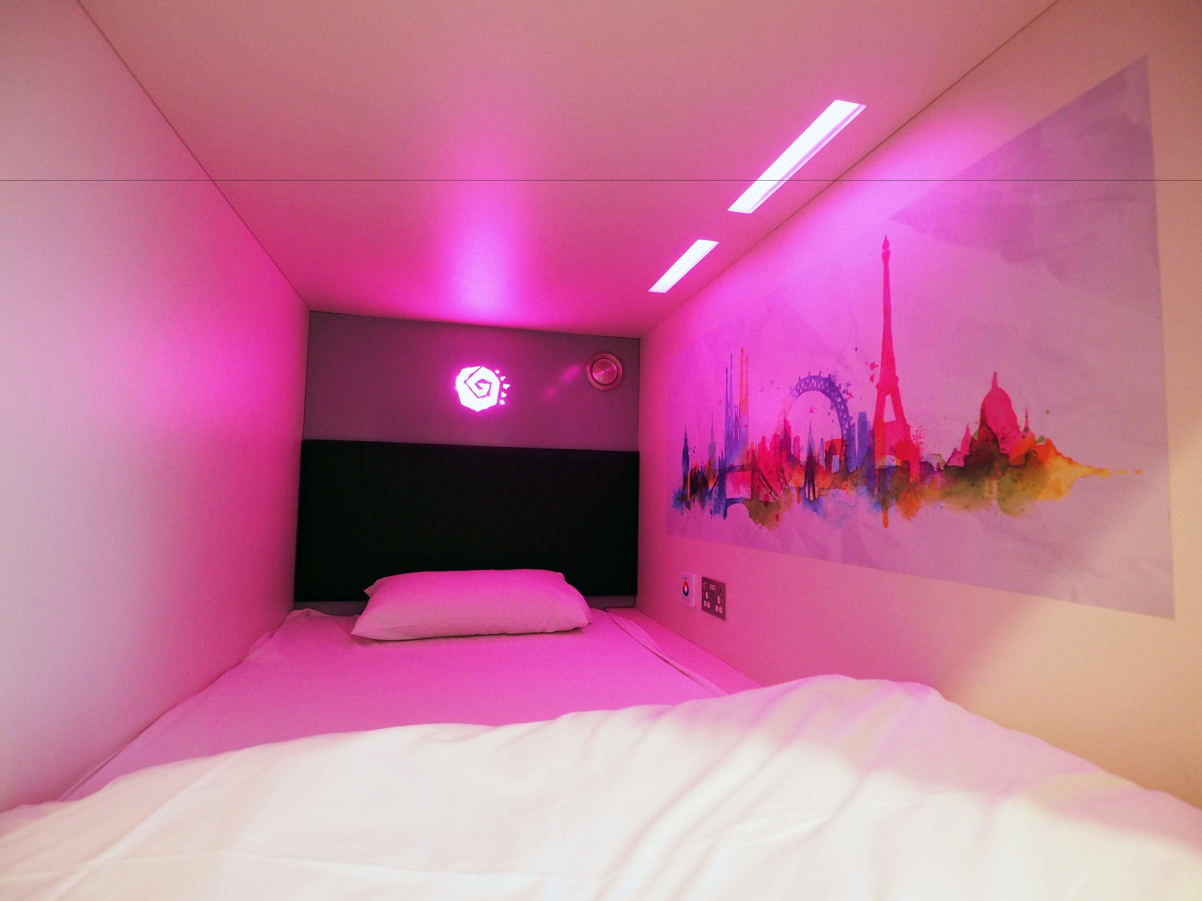 A bedroom with a bed, a headboard, a wall-mounted light, and a cityscape mural.