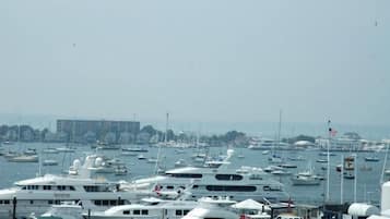 A marina with numerous yachts docked.