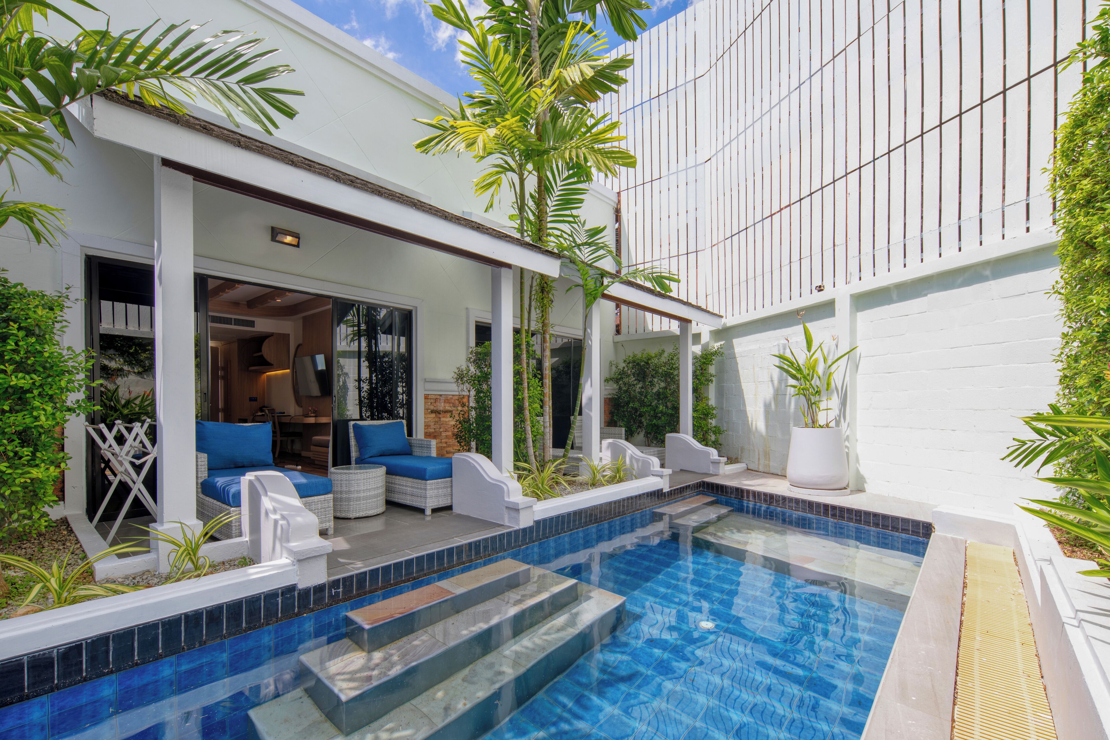 A modern outdoor pool area with a covered seating area, steps leading into the pool, and lush greenery.