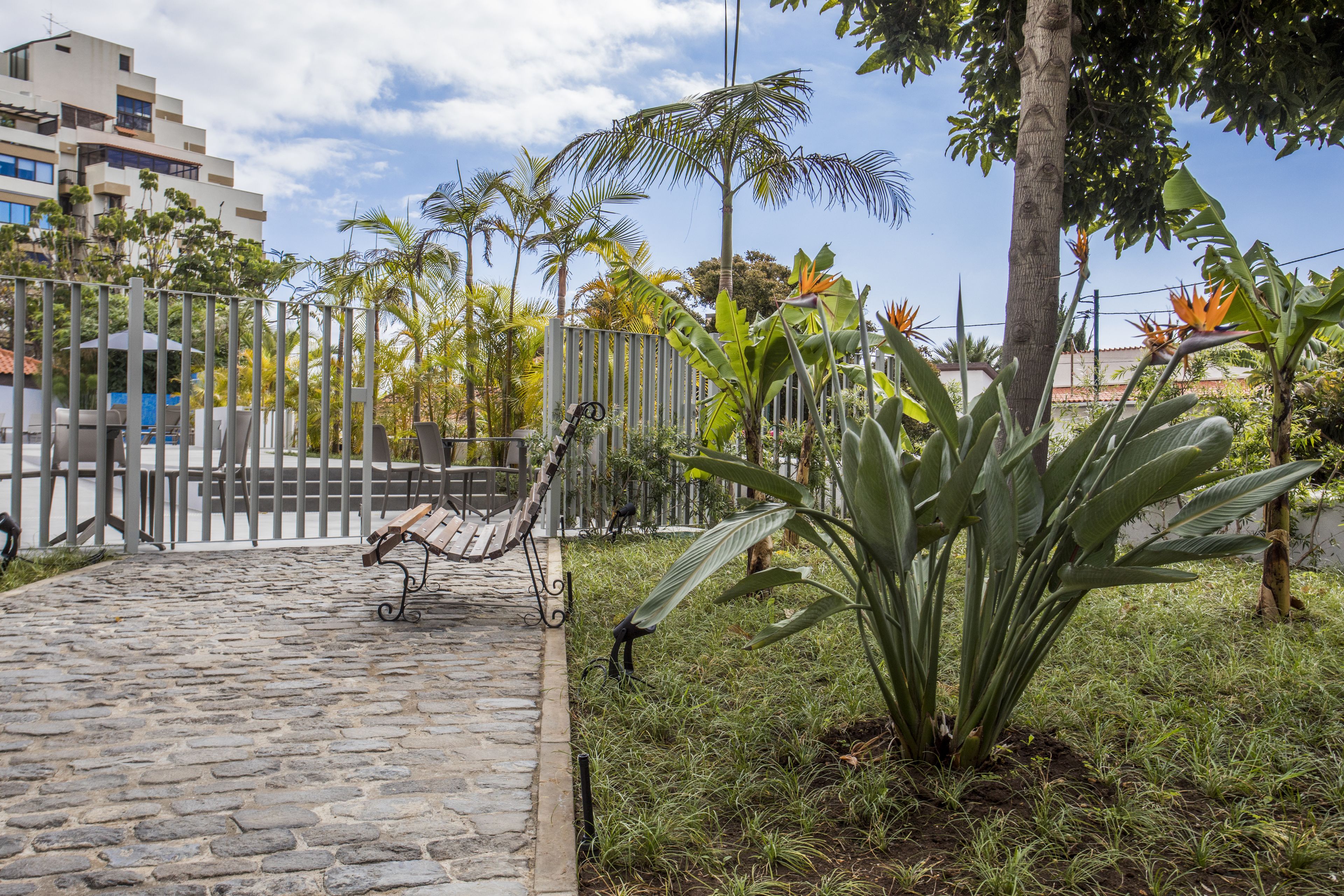 A cobblestone pathway leading to a bench with a metal frame, surrounded by lush greenery and a fence.