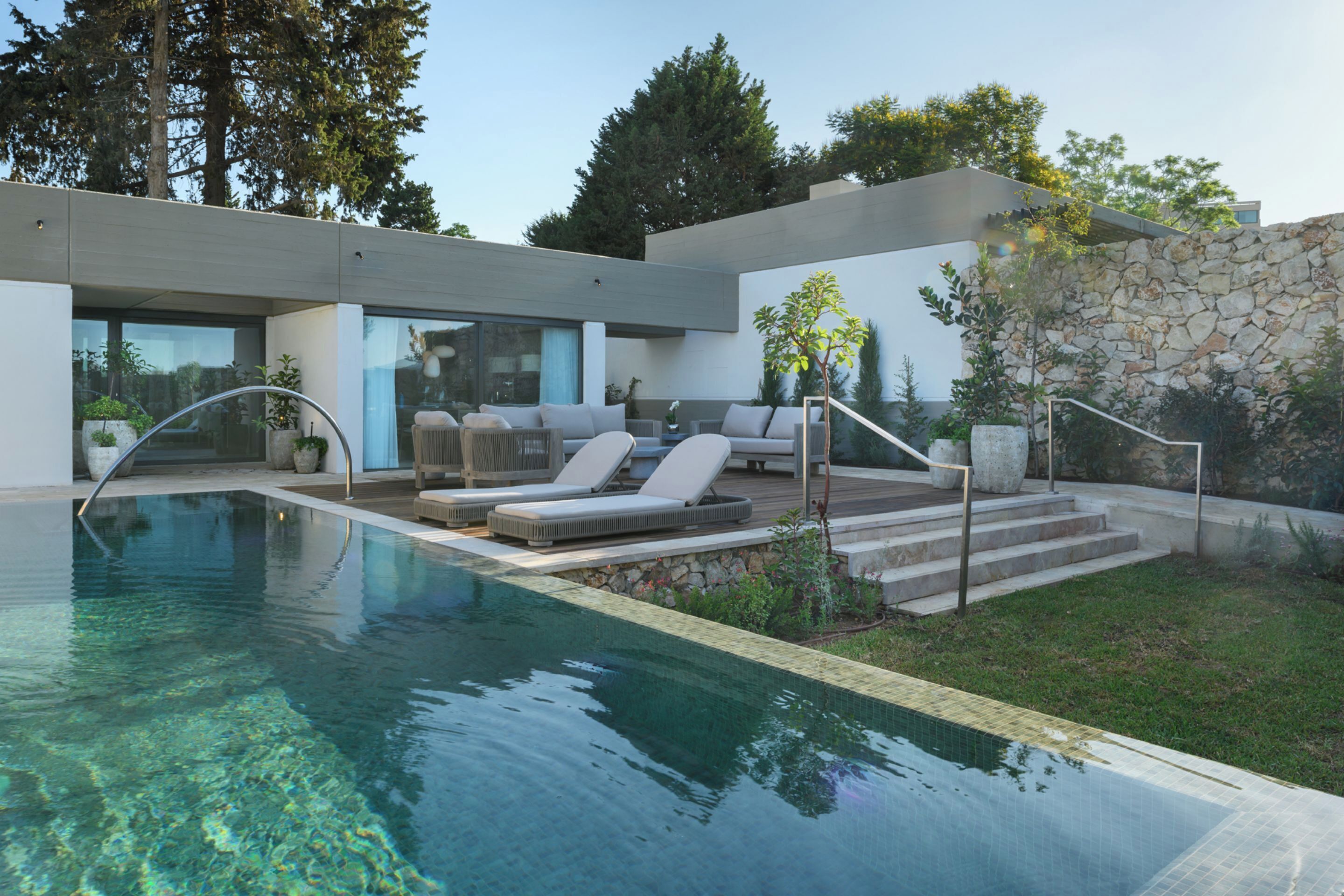 Indoor pool, outdoor pool, pool umbrellas, sun loungers