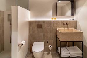 Shower, hydromassage showerhead, free toiletries, hair dryer