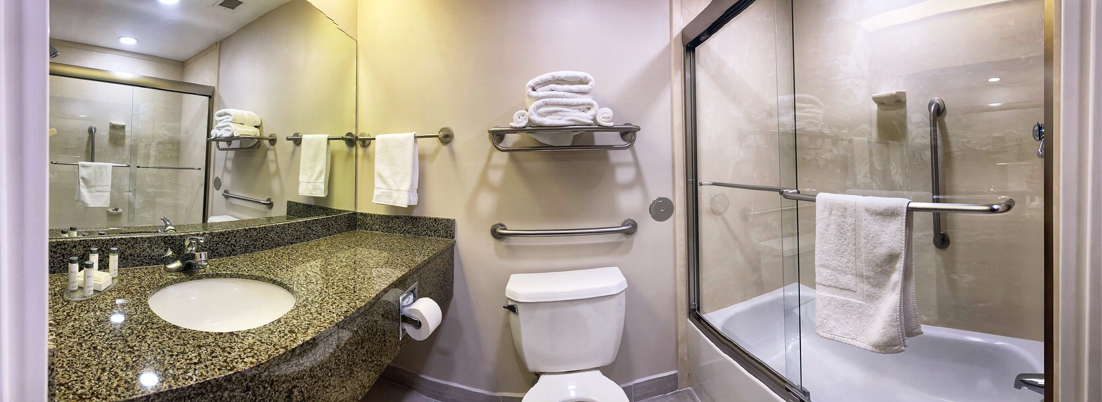 elite studio suite, 1 king bed | bathroom | combined shower/bathtub, designer toiletries, hair dryer, towels