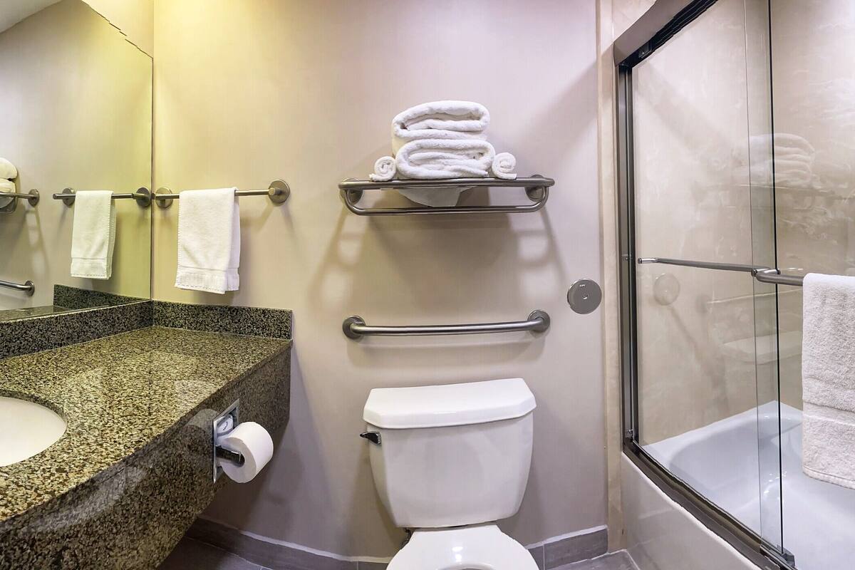 elite studio suite, 1 king bed | bathroom | combined shower/bathtub, designer toiletries, hair dryer, towels