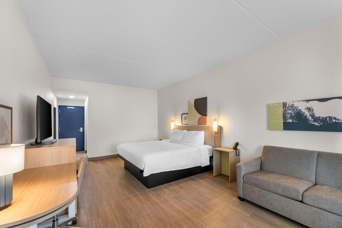 Habitación de hotel con cama, sofá, escritorio, televisión y un cuadro en la pared.