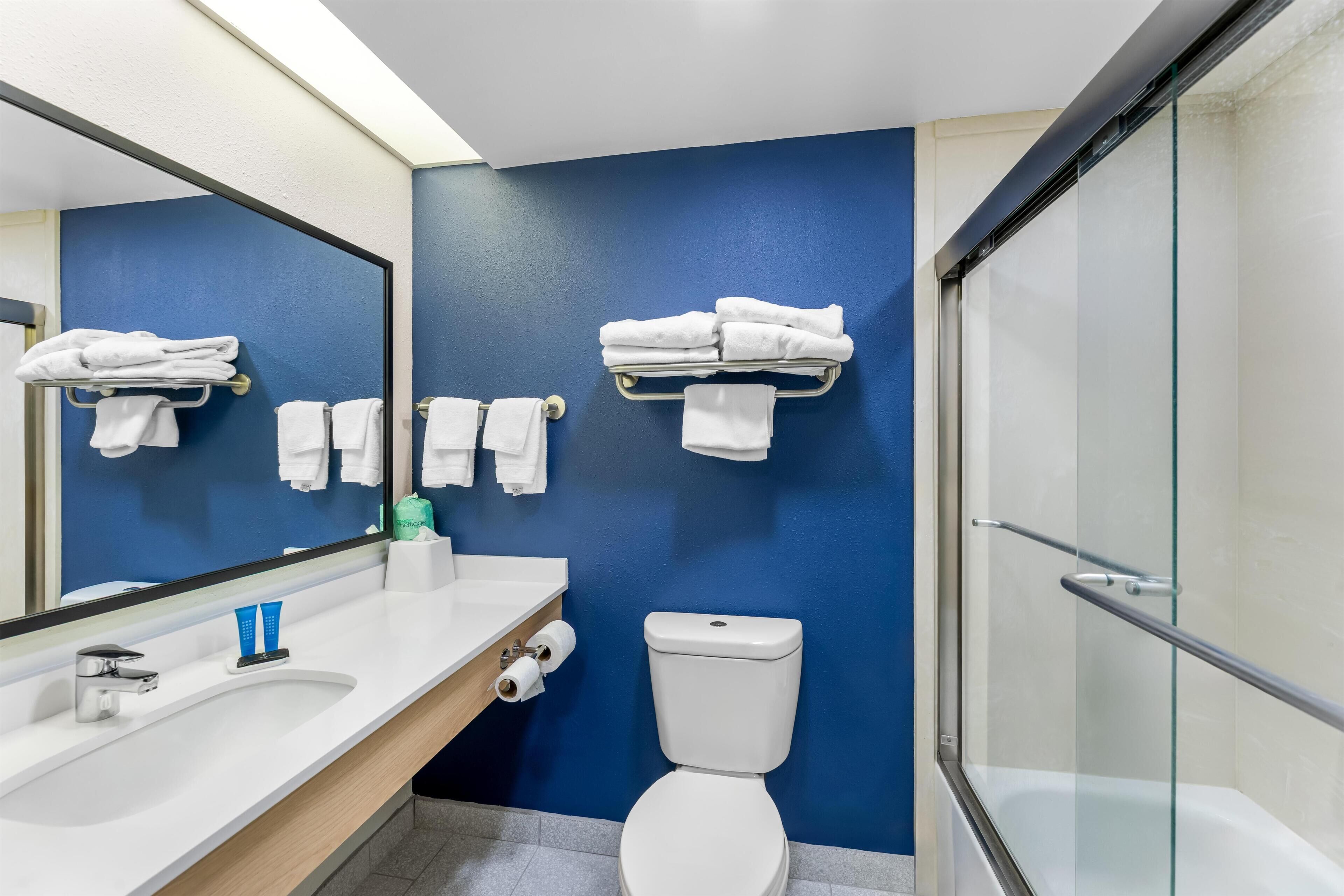 Un bagno con parete blu, water blu e box doccia in vetro.
