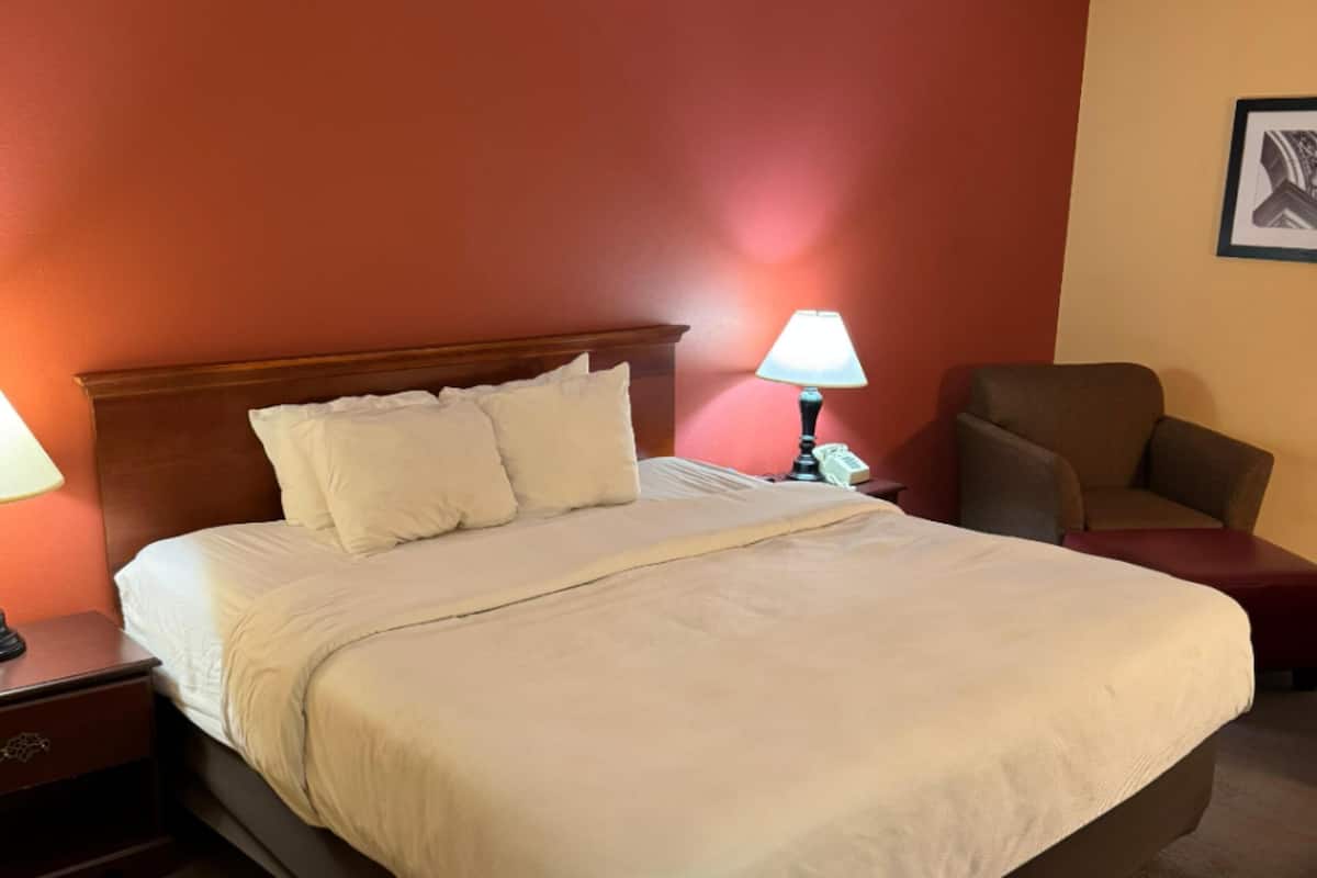 Une chambre d’hôtel avec un grand lit, une table de chevet, une lampe, une chaise et un tableau encadré au mur.