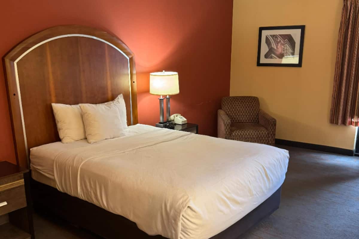 Une chambre d’hôtel avec un grand lit, une table de chevet avec une lampe, une chaise et un tableau encadré au mur.