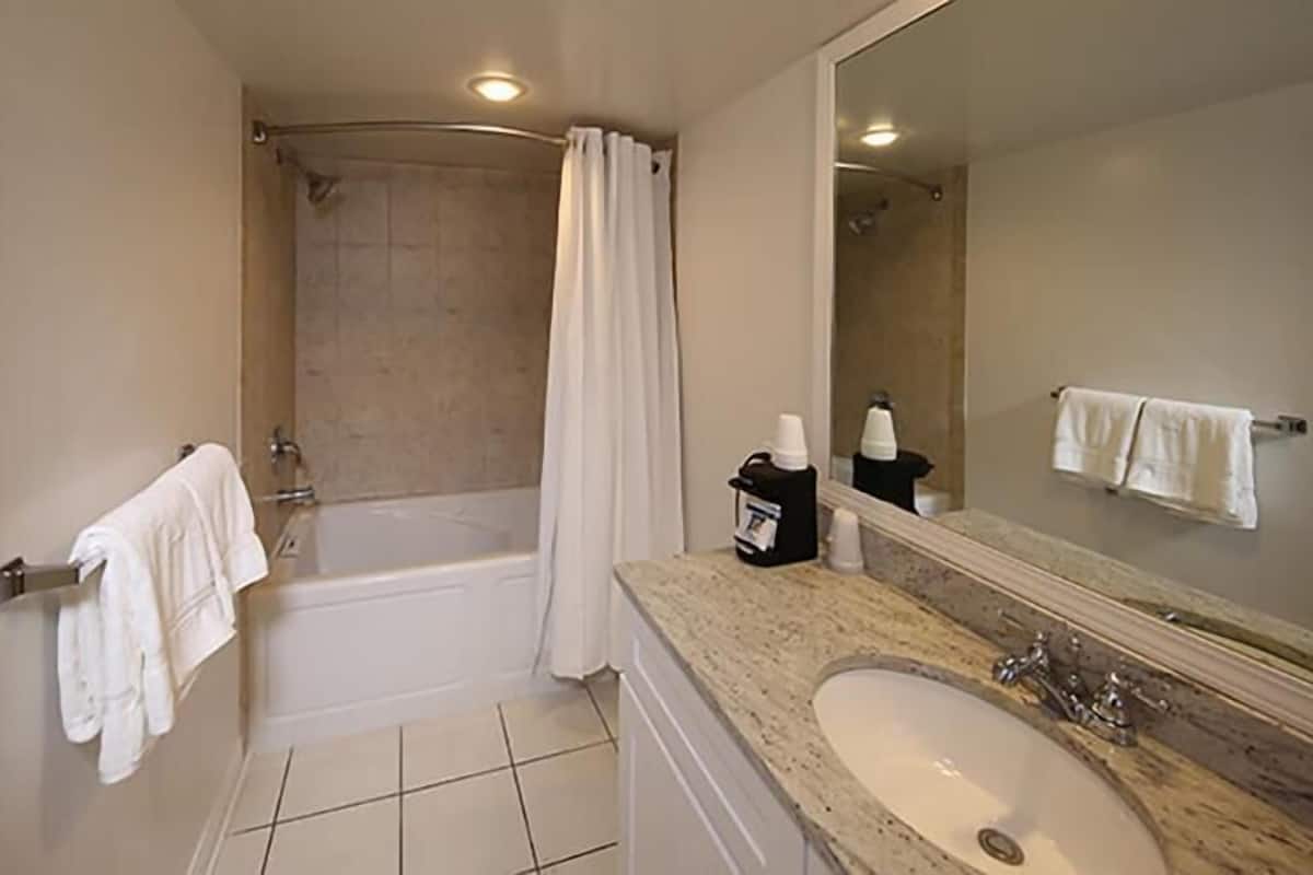 standard room, 1 king bed, fireplace | bathroom | free toiletries, hair dryer, towels