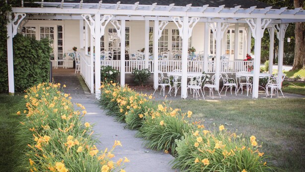 A covered outdoor seating area with white metal chairs and tables, surrounded by yellow flowers and greenery. - Colonial Inn in Harbor Springs (Harbor Springs)