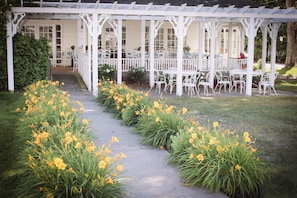 A covered outdoor seating area with white metal chairs and tables, surrounded by yellow flowers and greenery. - Colonial Inn in Harbor Springs (Harbor Springs)
