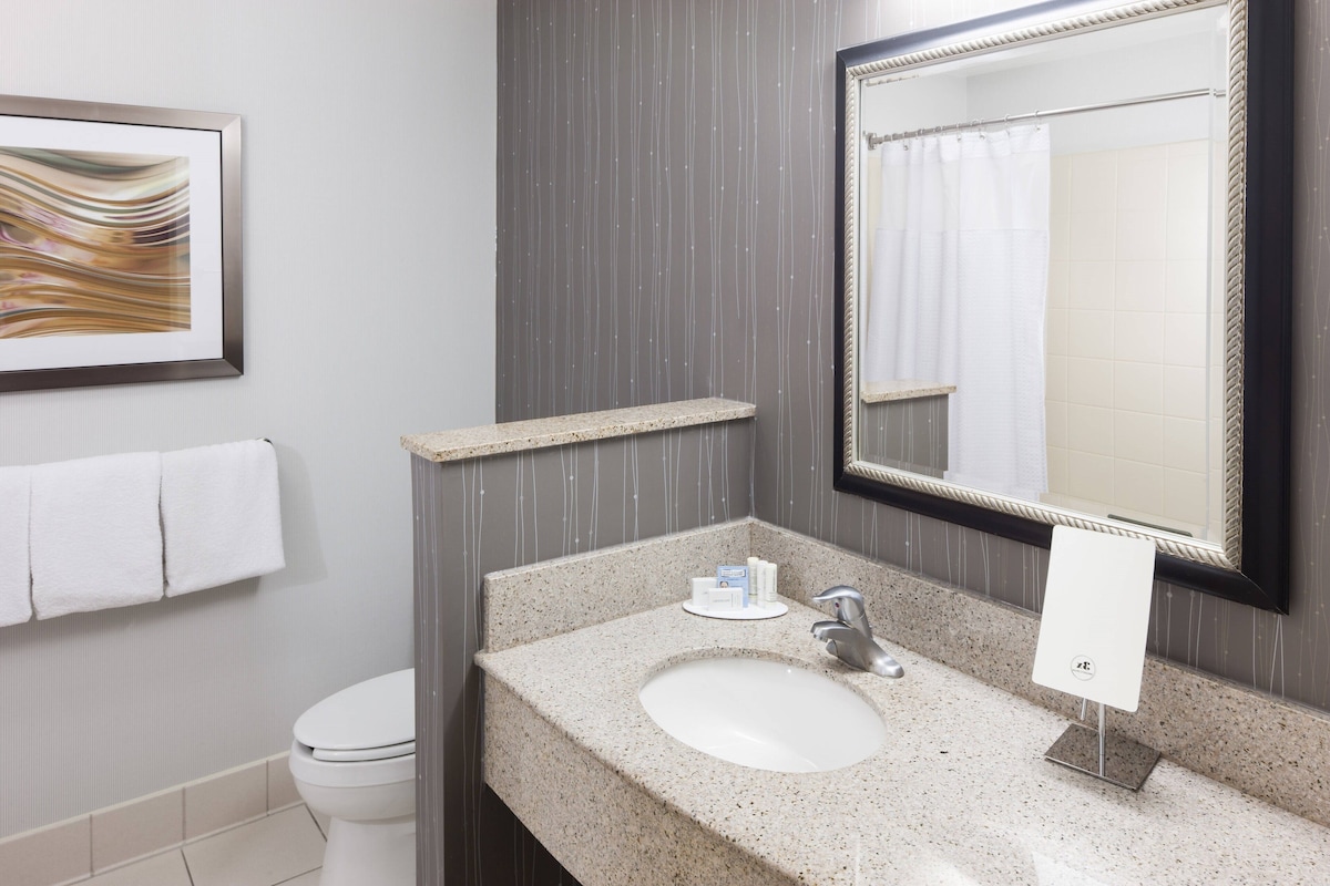 A bathroom with a granite countertop sink, a mirror, and a framed artwork on the wall.