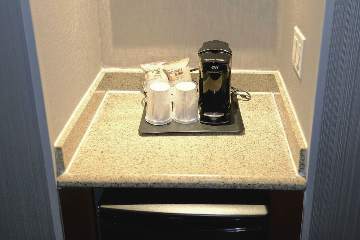 A kitchenette with a coffee maker, two cups, and packets of sugar and cream.
