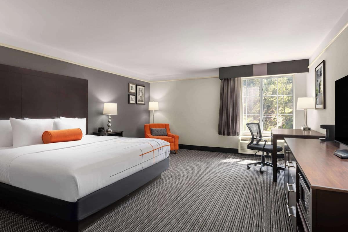 Ein Hotelzimmer mit einem großen Bett, einem Schreibtisch, einem Stuhl und einem Fenster mit Blick auf Bäume.