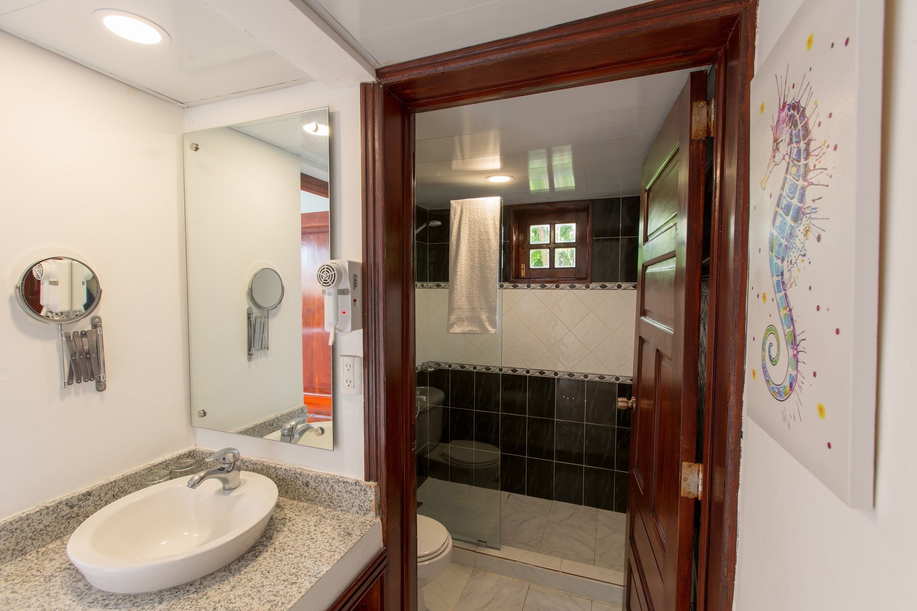 Une salle de bain avec un lavabo blanc, un miroir et une porte de douche en verre.