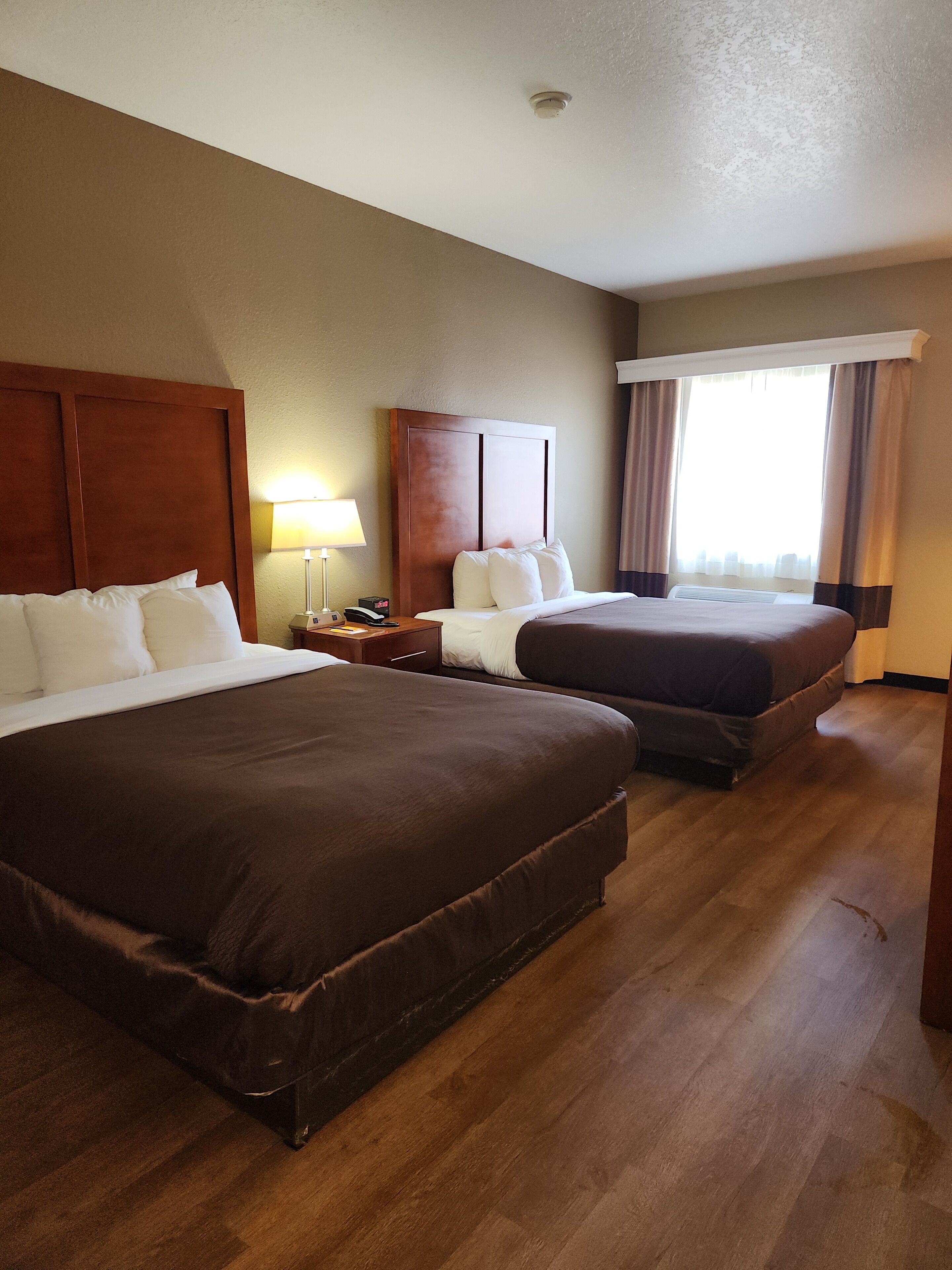 Une chambre d’hôtel avec deux lits, une tête de lit en bois, une table de chevet avec une lampe et une fenêtre avec des rideaux.