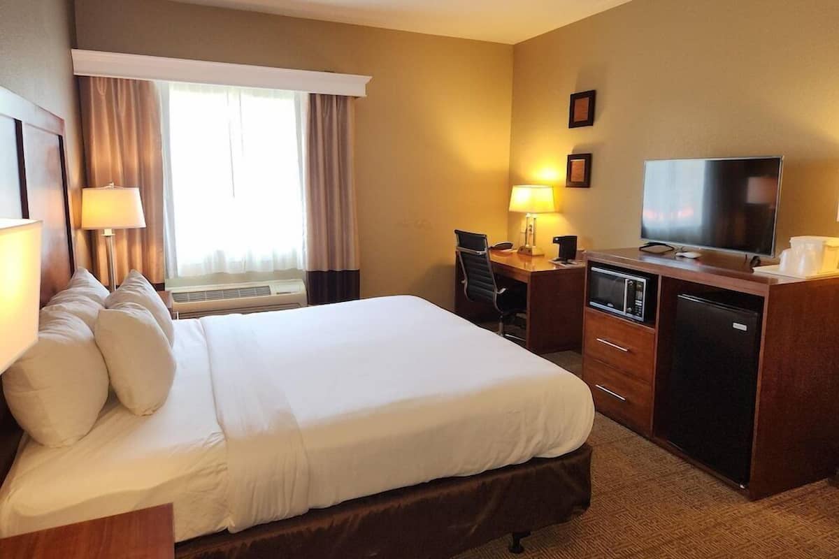 A hotel room with a large bed, a desk with a computer, a television, and a minibar.