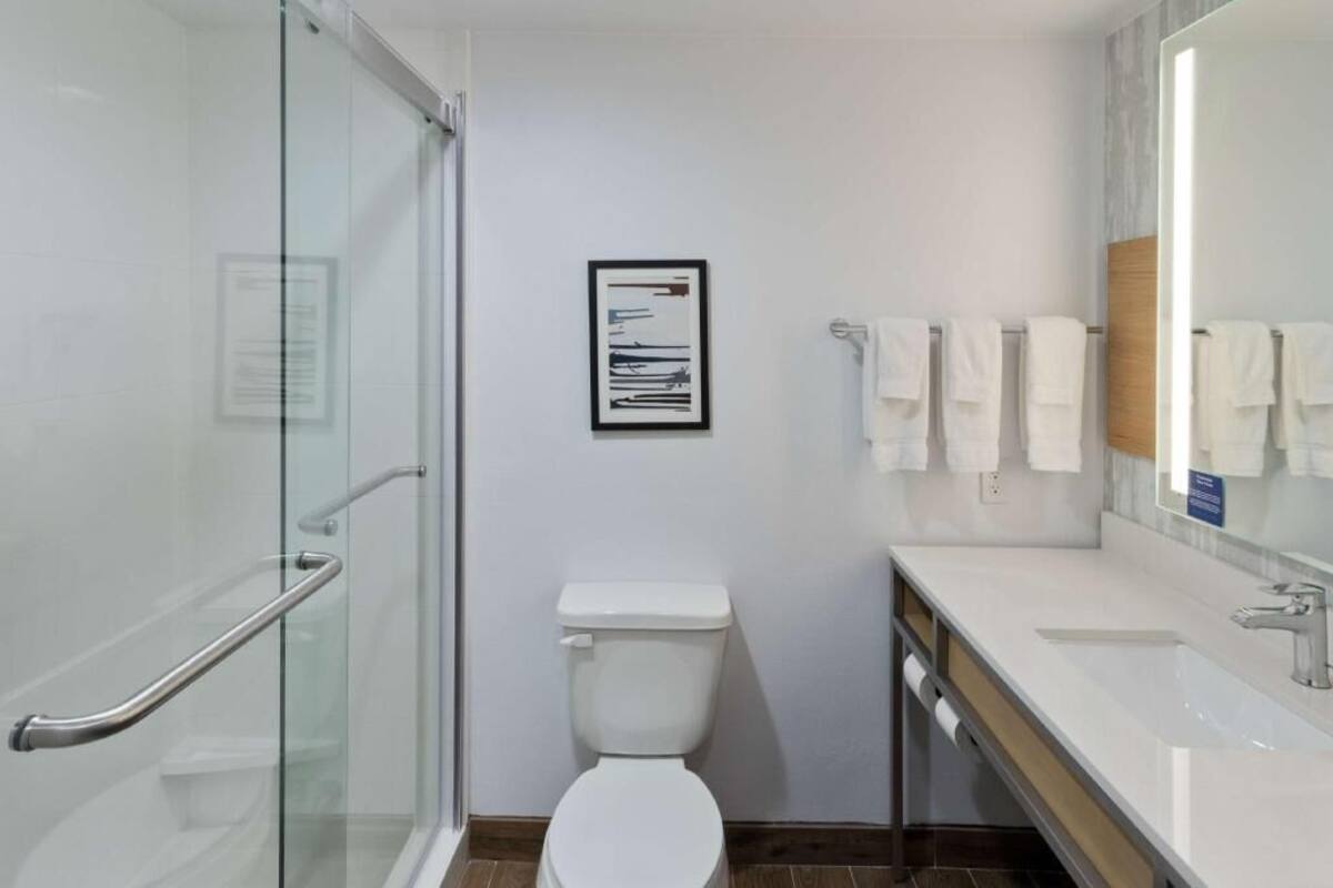 A bathroom with a glass shower enclosure, a white toilet, a sink with a mirror, and a framed picture on the wall.