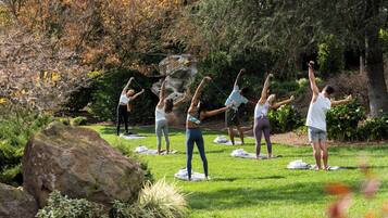 Un groupe de personnes pratiquant le yoga en plein air, sur une pelouse, avec des arbres et des rochers en arrière-plan.