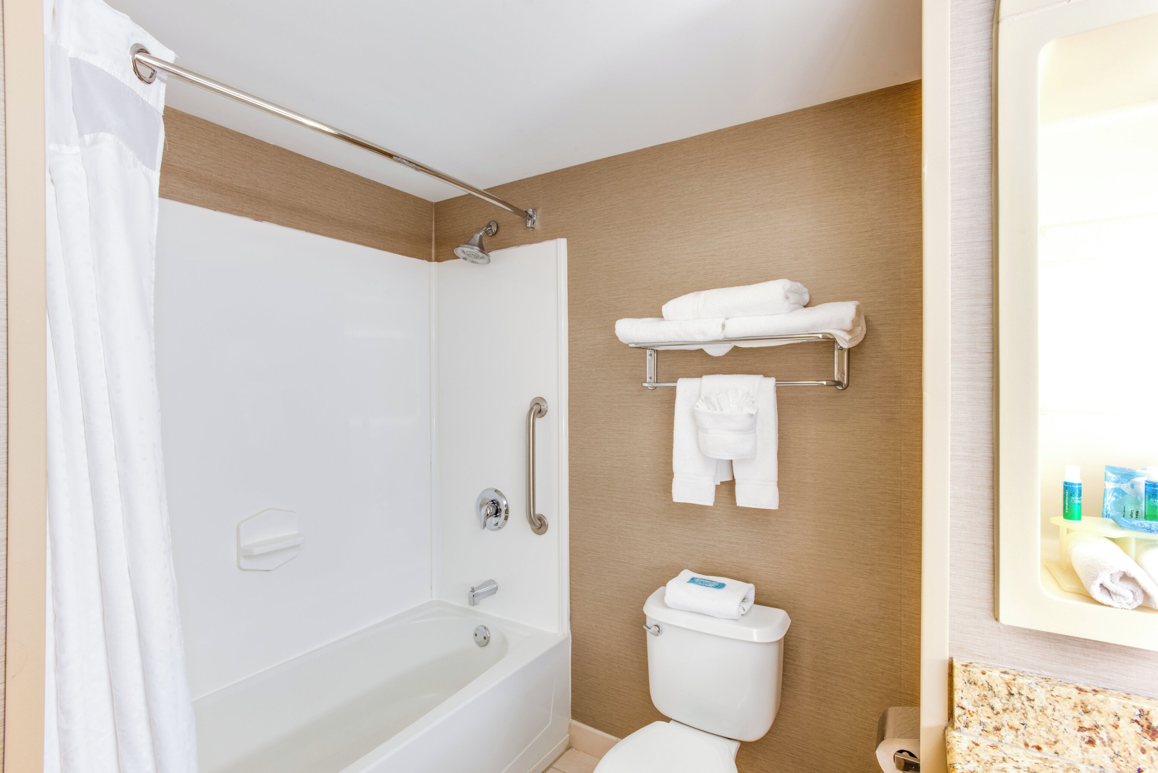 Une salle de bain équipée d’une douche, de toilettes et d’un porte-serviettes.
