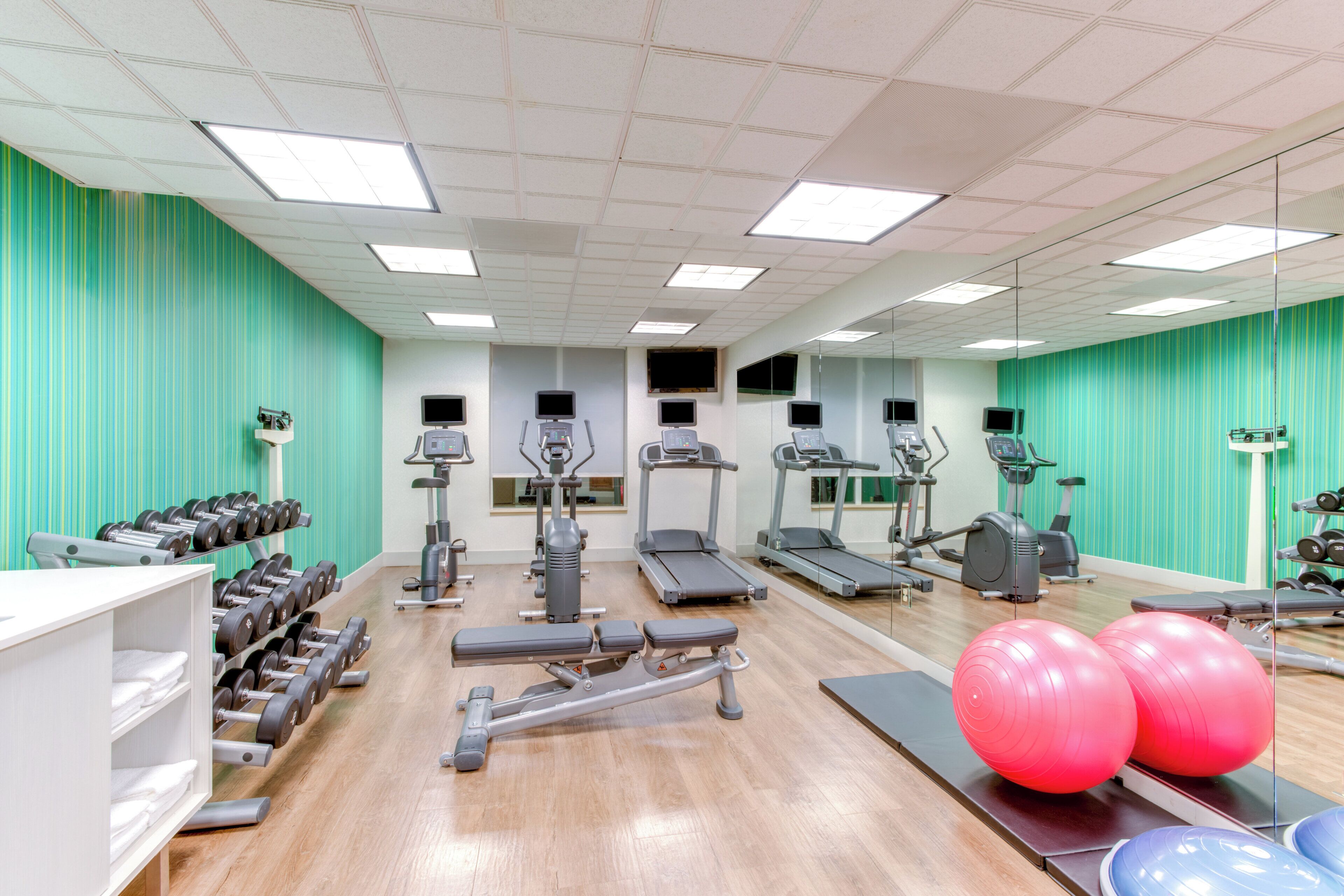Een sportschool met loopbanden, elliptische trainers en losse gewichten.