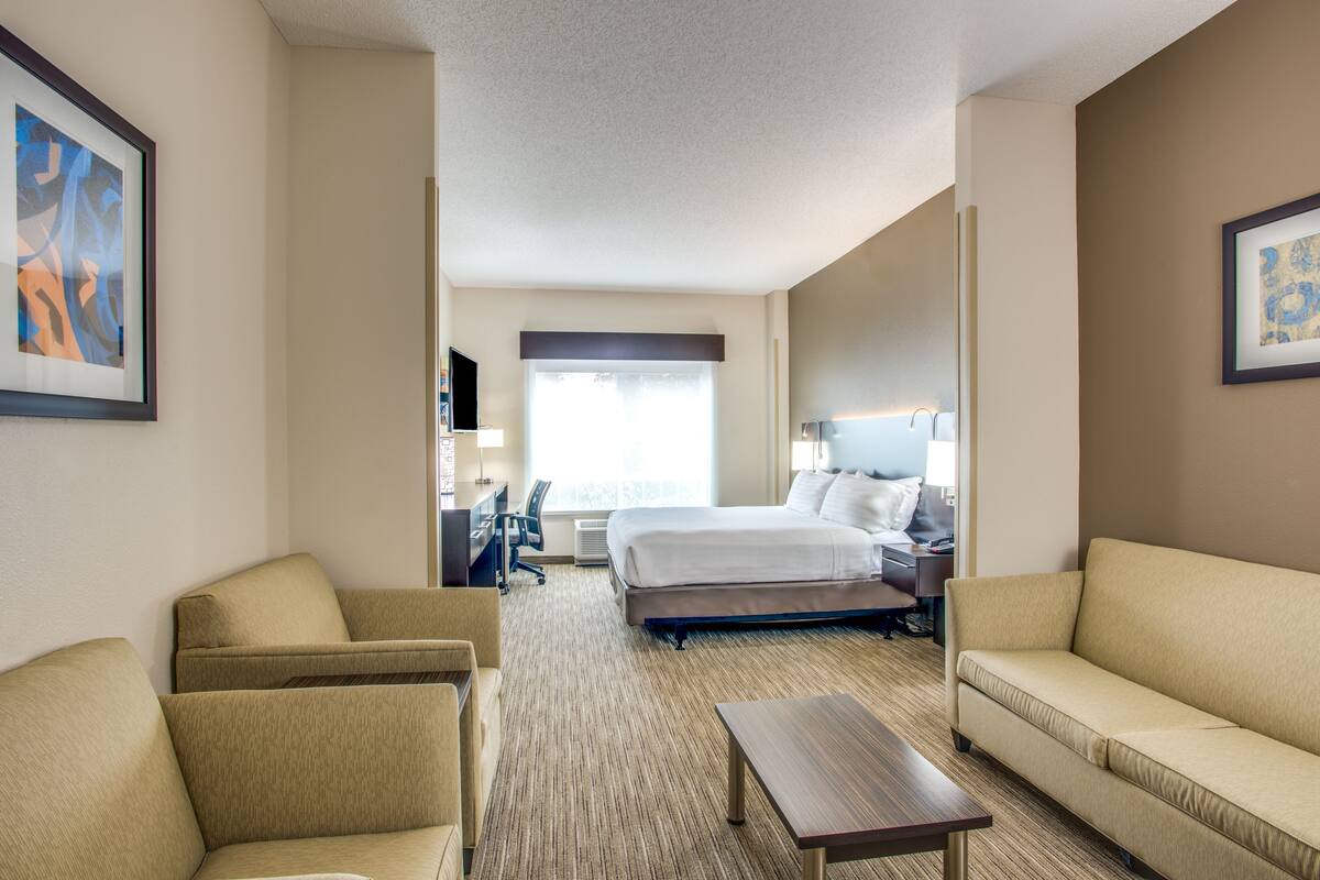 Suite, 1 King Bed (Whirlpool) | In-room safe, desk, laptop workspace, blackout drapes