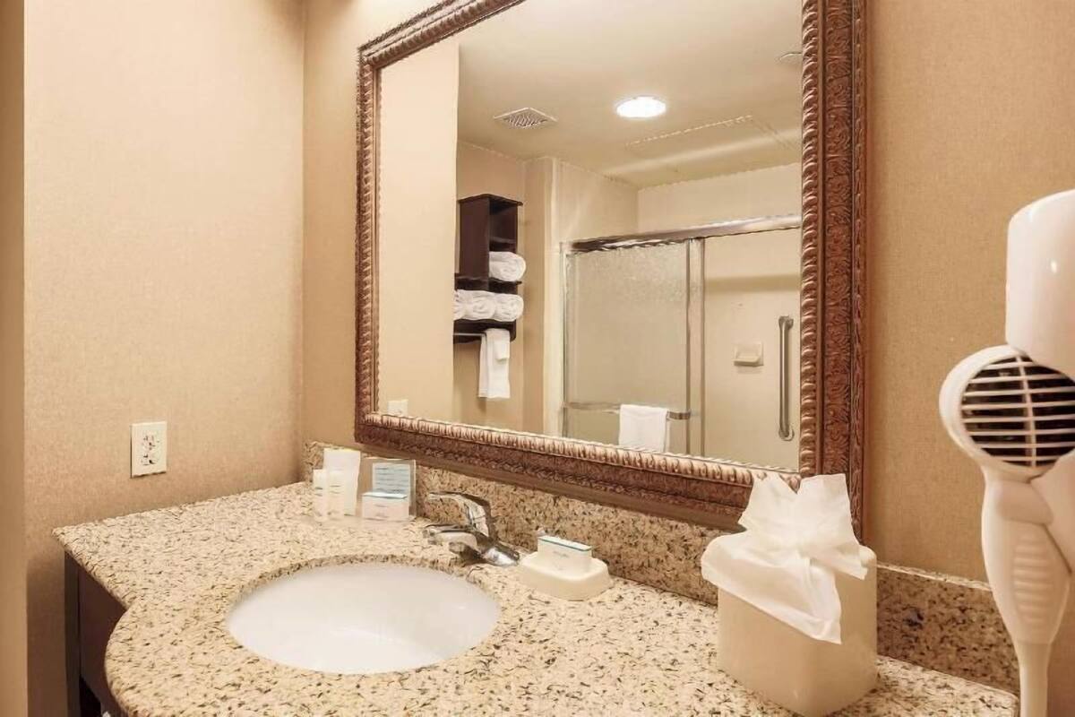 A bathroom with a sink, mirror, towel rack, and a hairdryer.