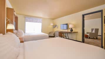 Premium bedding, laptop workspace, blackout drapes, iron/ironing board