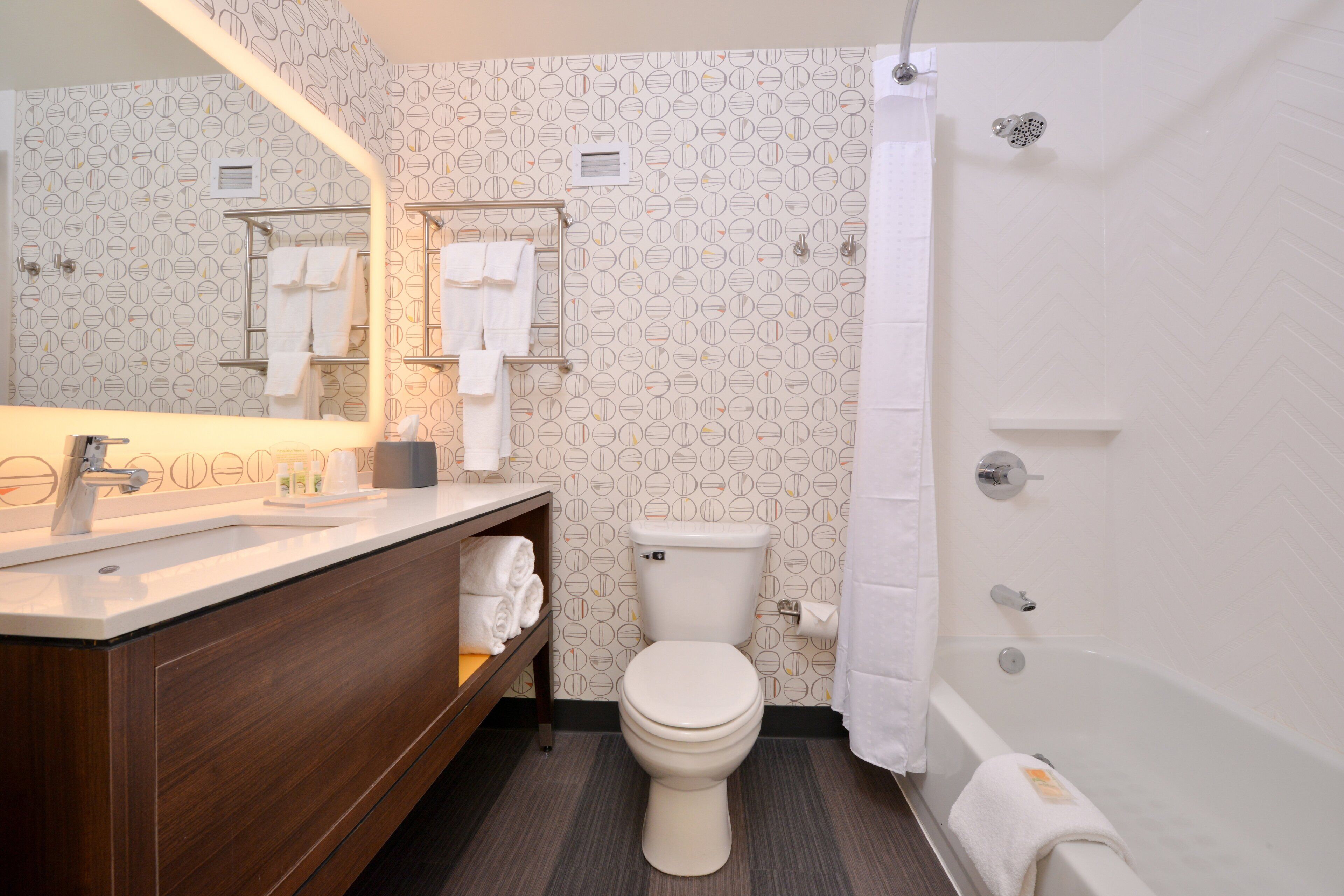 shower, hydromassage showerhead, designer toiletries, hair dryer