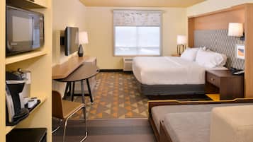 Premium bedding, laptop workspace, blackout drapes, iron/ironing board