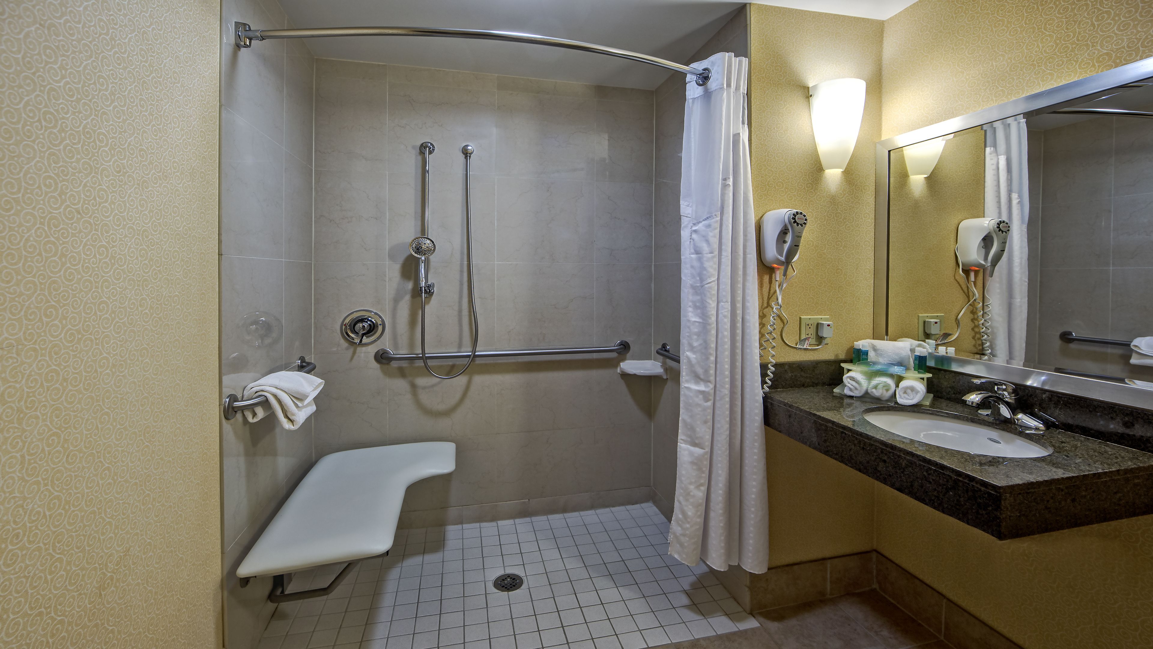 combined shower/bathtub, free toiletries, hair dryer, towels
