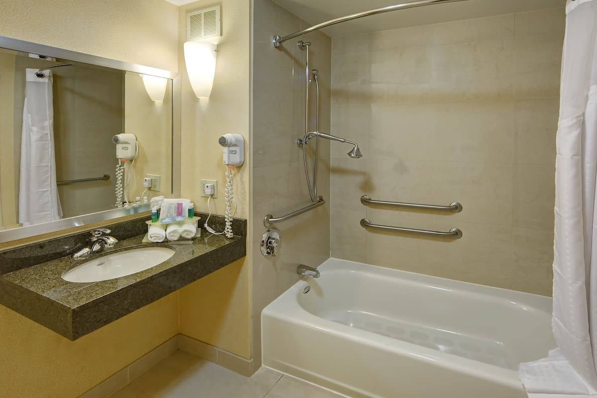 combined shower/bathtub, free toiletries, hair dryer, towels