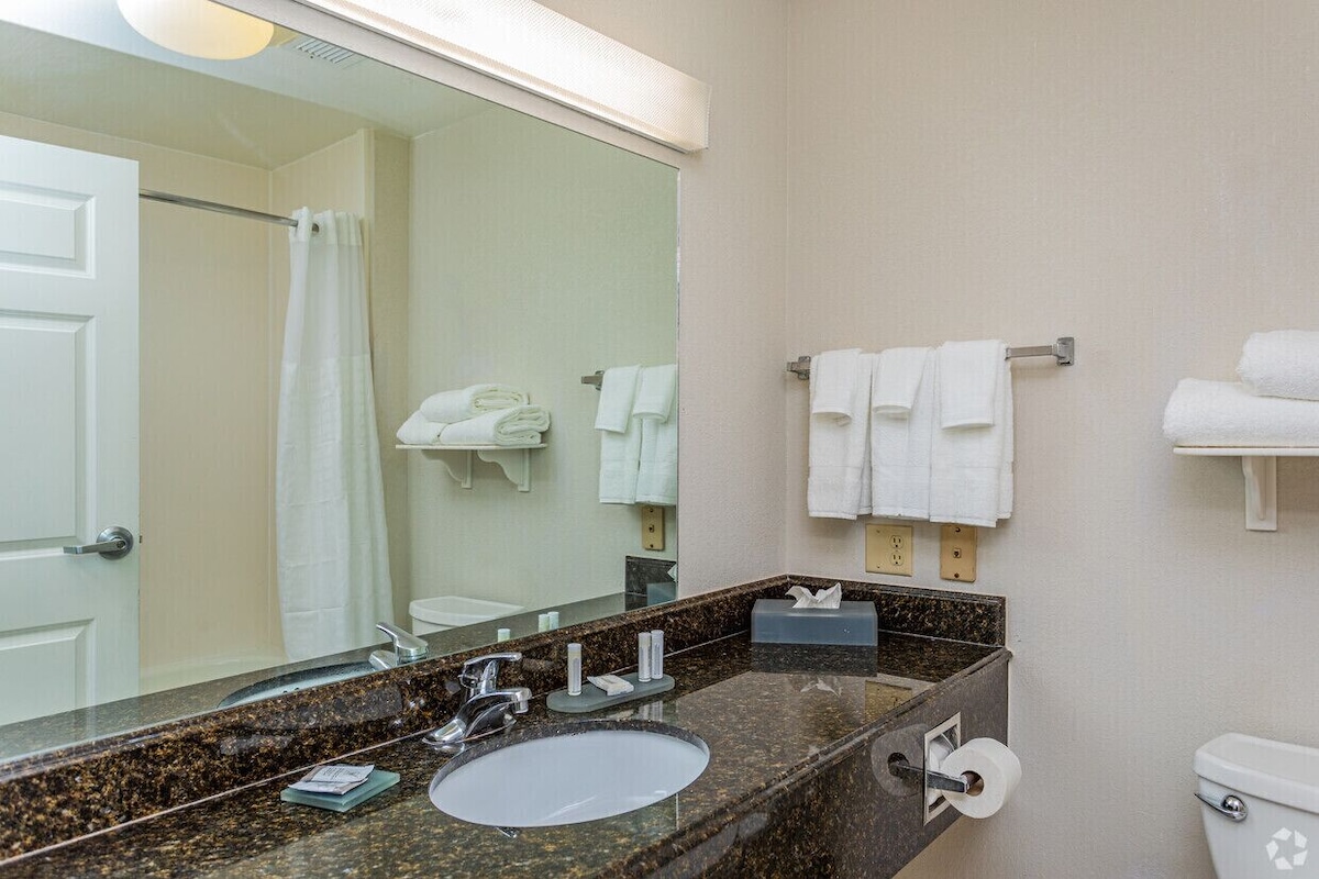 Combined shower/bathtub, free toiletries, hair dryer, towels